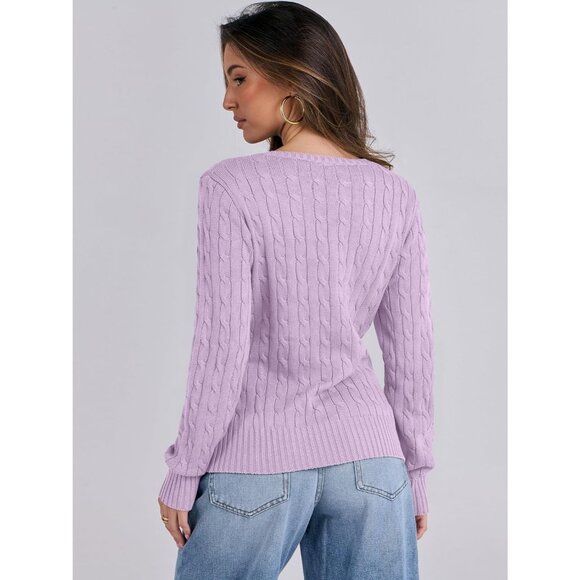 Womens Light Purple Pull On Cable Knit Long Sleeve V Neck Fitted Casual Sweater - Picture 6 of 6